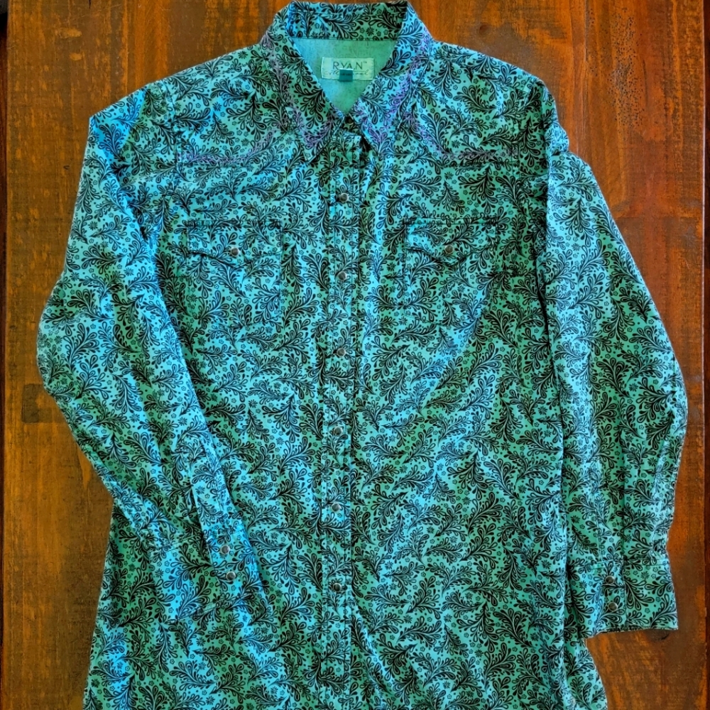 Women's Ryan Michael Turquoise  Embroidered Floral Print Pearl Snap Shirt